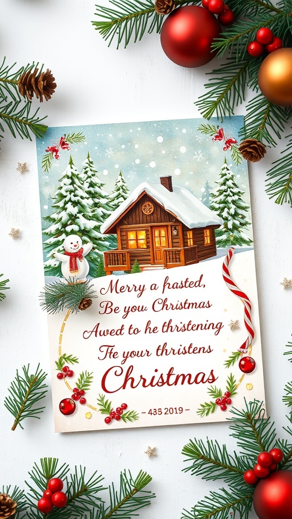 A festive Christmas card with a snowy scene, cozy cabin, and elegant script message.